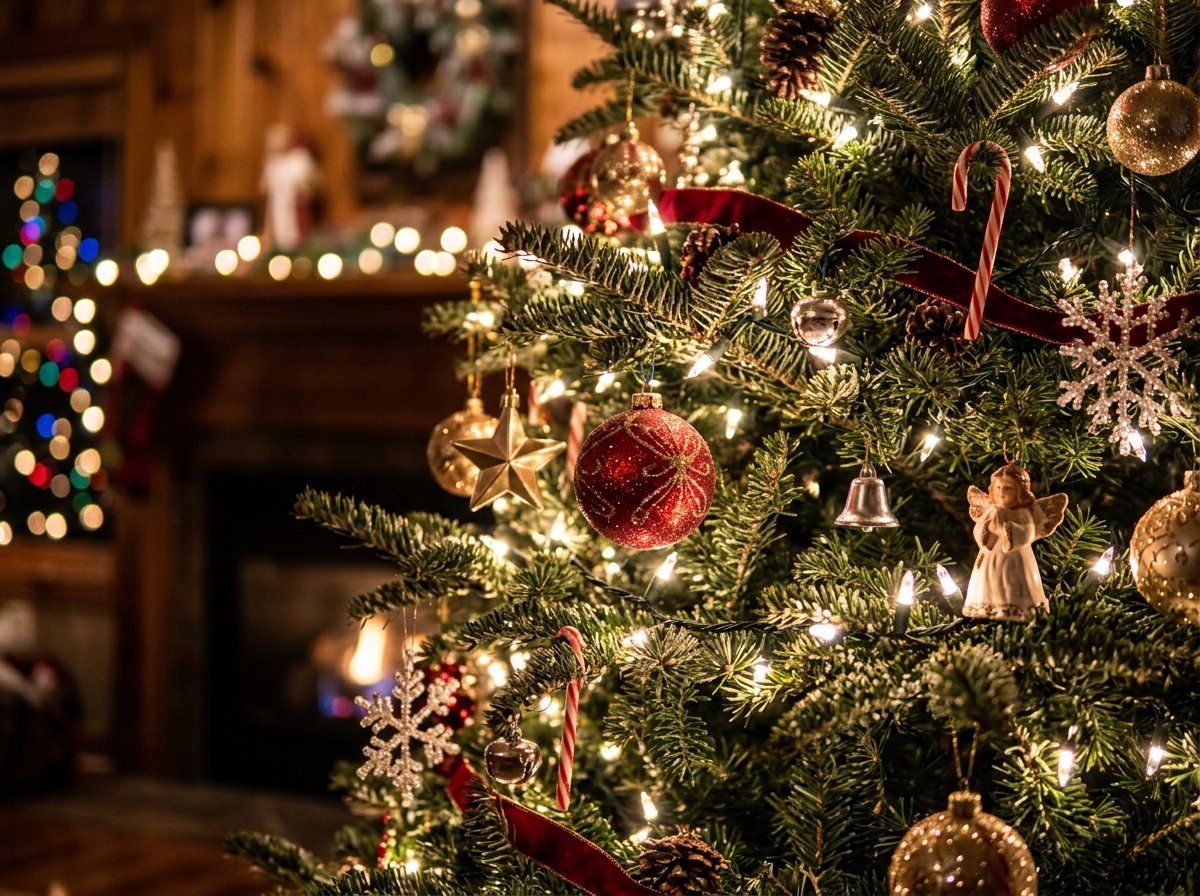 Close up of lit Christmas tree